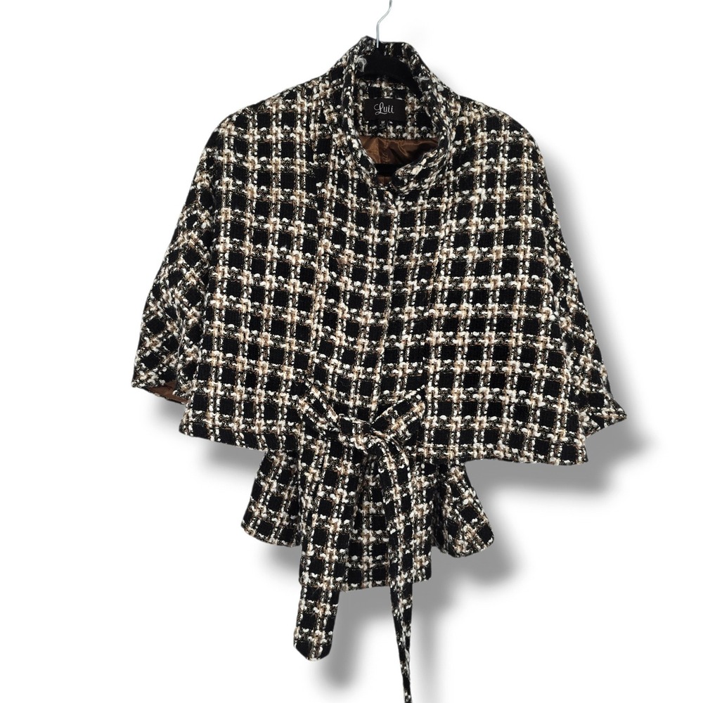 Luii Womens Plaid Tweed Cape Jacket Black Brown Boucle Belted Mock Neck Medium